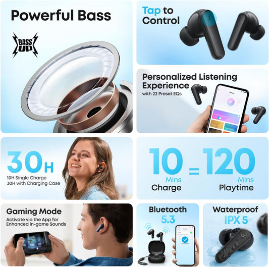 soundcore by Anker R50i VI True Wireless Earbuds, 10mm Drivers with Big Bass, Bluetooth 5.3, 30H Long Playtime, Water-Resistant, 2 Mics for AI Clear Calls, (Blue) - 18 Months Warranty