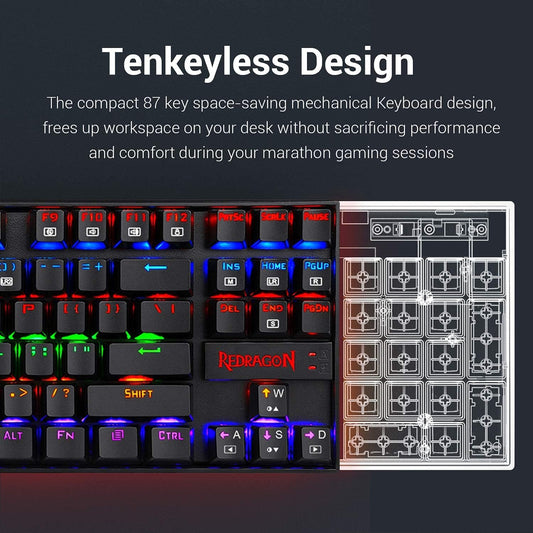 Redragon K552 KUMARA Mechanical Gaming Keyboard - BLUE Switch - Rainbow Backlight - 87 Key TKL Size - Arabic/English Keys|| Black