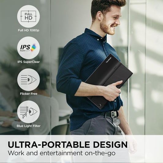 شاشة IPS محمولة VA1655 بدقة كاملة FHD مع مدخل ميني HDMI ومنفذي USB نوع سي متوافقة مع رازبيري باي/اكس بوكس/ بلاي ستيشن 4 و5 ومكبر صوت، أسود، 15.6 بوصة، من فيوسونيك