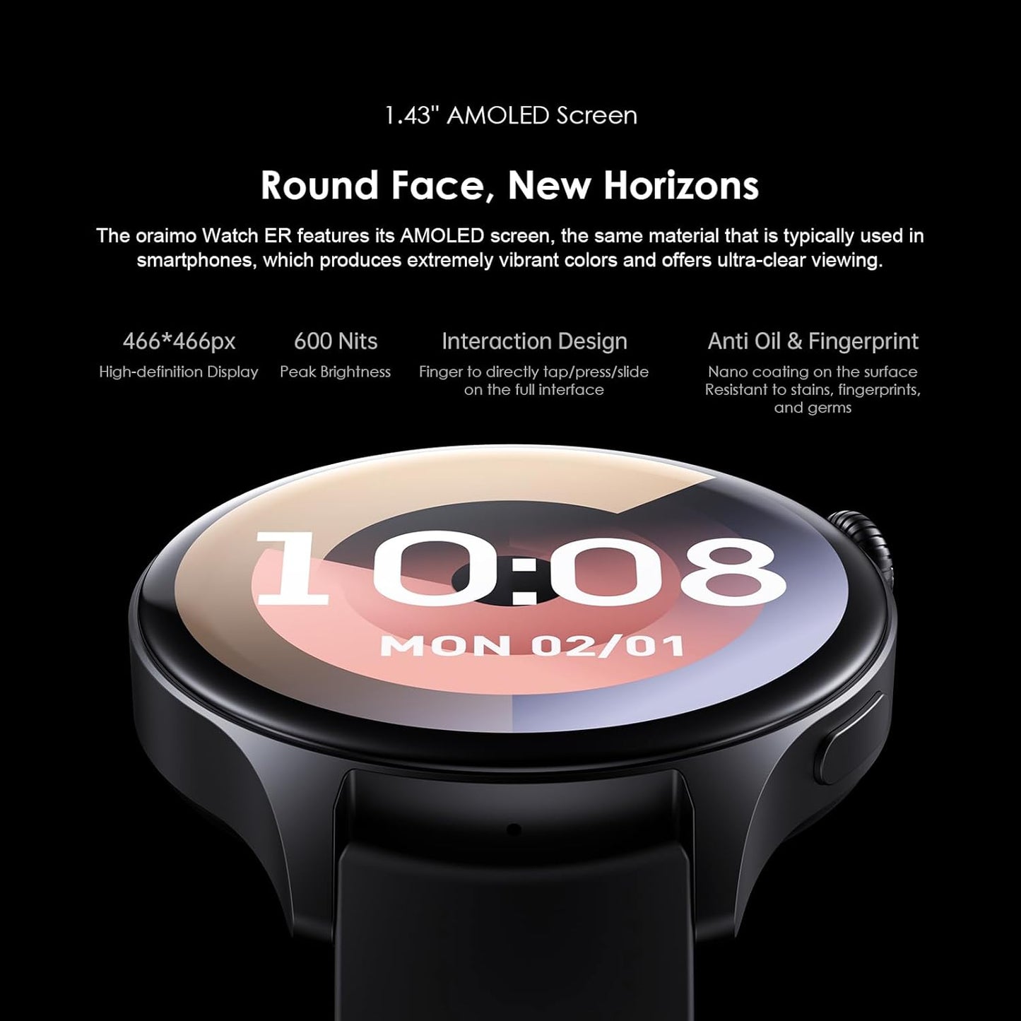 Oraimo ER Smartwatch (OSW-42), 1.43" Screen with Bluetooth Calling Features – Black