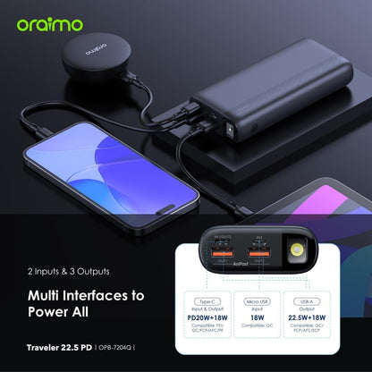 Oraimo Traveler 15 Flash 20000mAh Power Bank with 15W Fast Charging,Type-C & USBs Triple Output, Multi-Layer Protection with 3D Texture Exterior