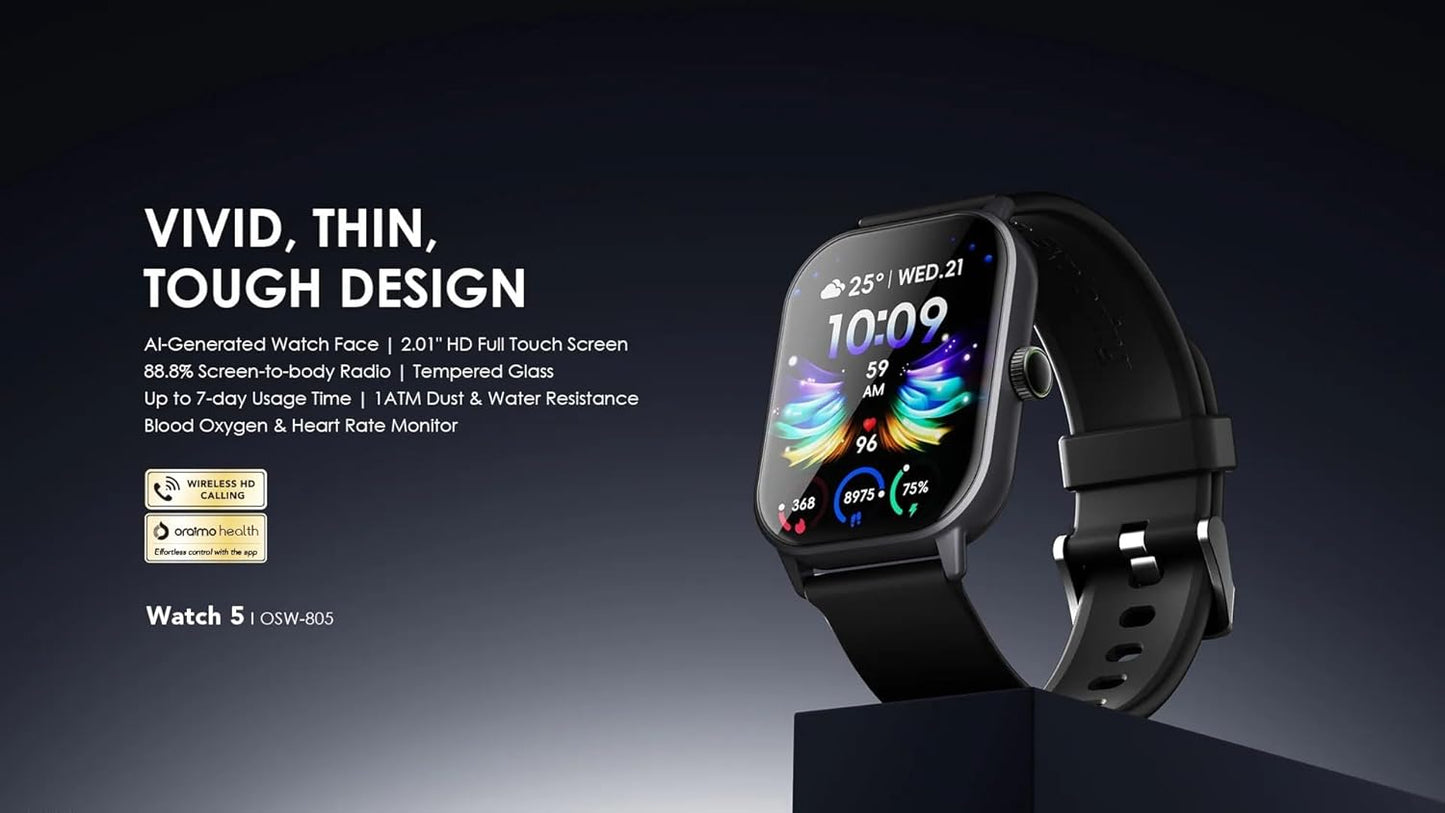 Oraimo OSW-807 Watch 6 Smartwatch with AI-Generated Watch Faces, Health Monitoring, and Long Battery Life - Black