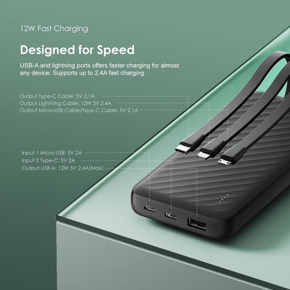 Oraimo Toast 15 Flash 10000mAh Power Bank with 15W Type C Fast Charging,USB&Type C Triple Output,Power Delivery, Type C &Micro Input,Multi-Layer Protection &3D Texture Exterior