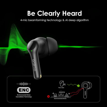 Oraimo FreePods 3C (OEB-E104DC), ENC Calling Noise Cancellation, powerful bass 4 mics, Long Playtime True Wireless Earbuds IPX5-Water Resistant, Via App – Black (1 Year Warranty)