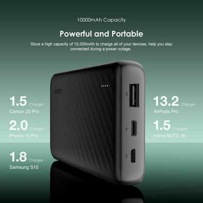 Oraimo Toast 15 Flash 10000mAh Power Bank with 15W Type C Fast Charging,USB&Type C Triple Output,Power Delivery, Type C &Micro Input,Multi-Layer Protection &3D Texture Exterior