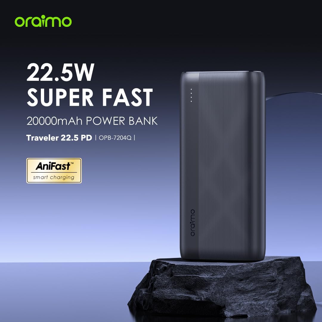 Oraimo Traveler 15 Flash 20000mAh Power Bank with 15W Fast Charging,Type-C & USBs Triple Output, Multi-Layer Protection with 3D Texture Exterior