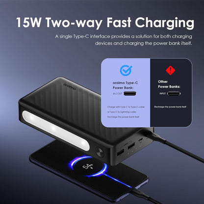 Oraimo Toast 15 Flash 10000mAh Power Bank with 15W Type C Fast Charging,USB&Type C Triple Output,Power Delivery, Type C &Micro Input,Multi-Layer Protection &3D Texture Exterior