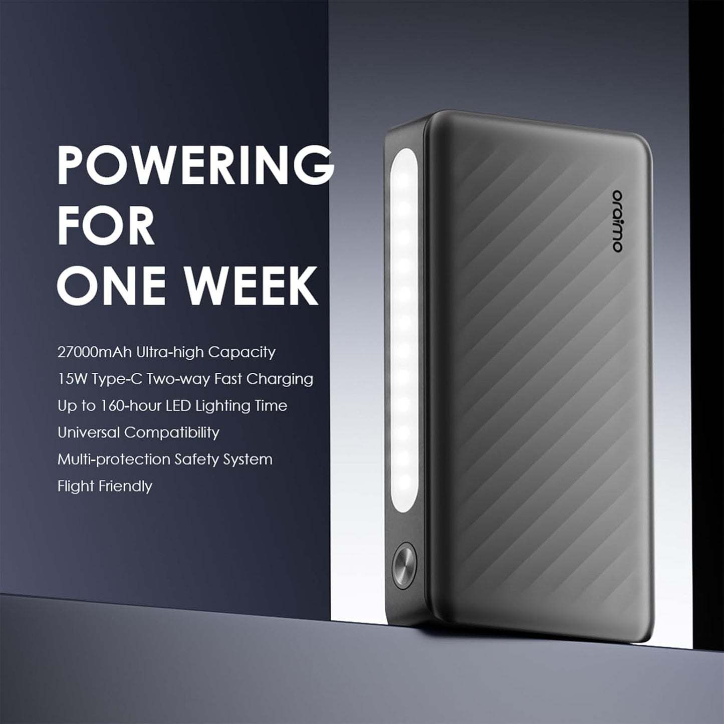 Oraimo Traveler 15 Flash 20000mAh Power Bank with 15W Fast Charging,Type-C & USBs Triple Output, Multi-Layer Protection with 3D Texture Exterior