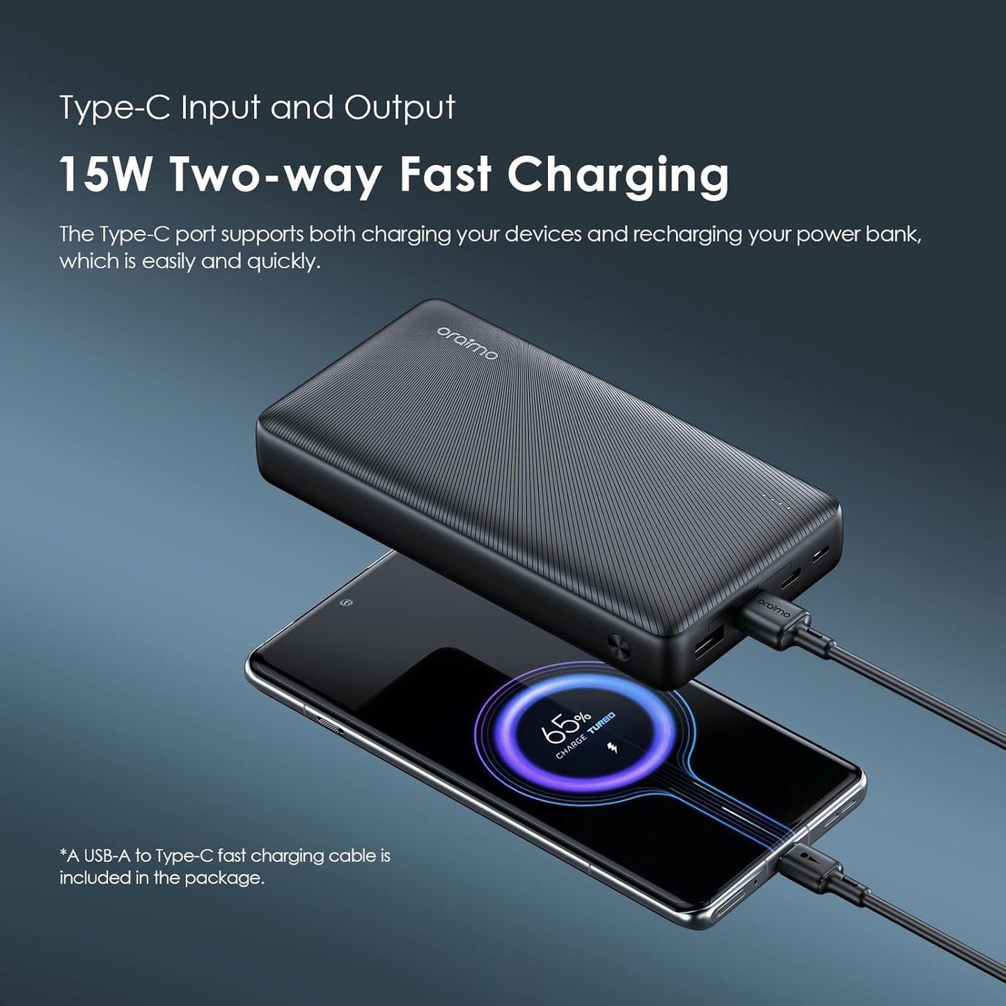 Oraimo Traveler 15 Flash 20000mAh Power Bank with 15W Fast Charging,Type-C & USBs Triple Output, Multi-Layer Protection with 3D Texture Exterior