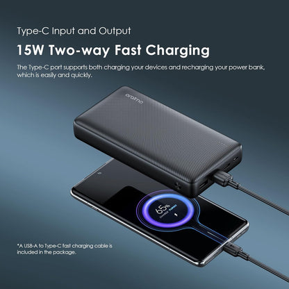 Oraimo Traveler 15 Flash 20000mAh Power Bank with 15W Fast Charging,Type-C & USBs Triple Output, Multi-Layer Protection with 3D Texture Exterior
