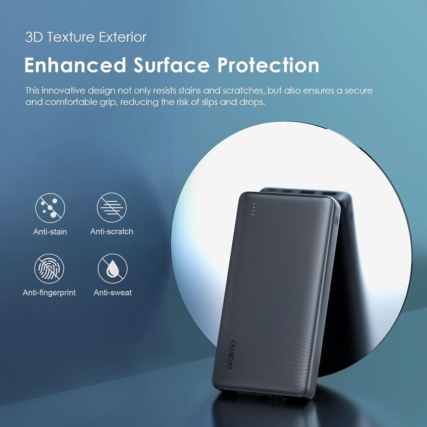 Oraimo Traveler 15 Flash 20000mAh Power Bank with 15W Fast Charging,Type-C & USBs Triple Output, Multi-Layer Protection with 3D Texture Exterior