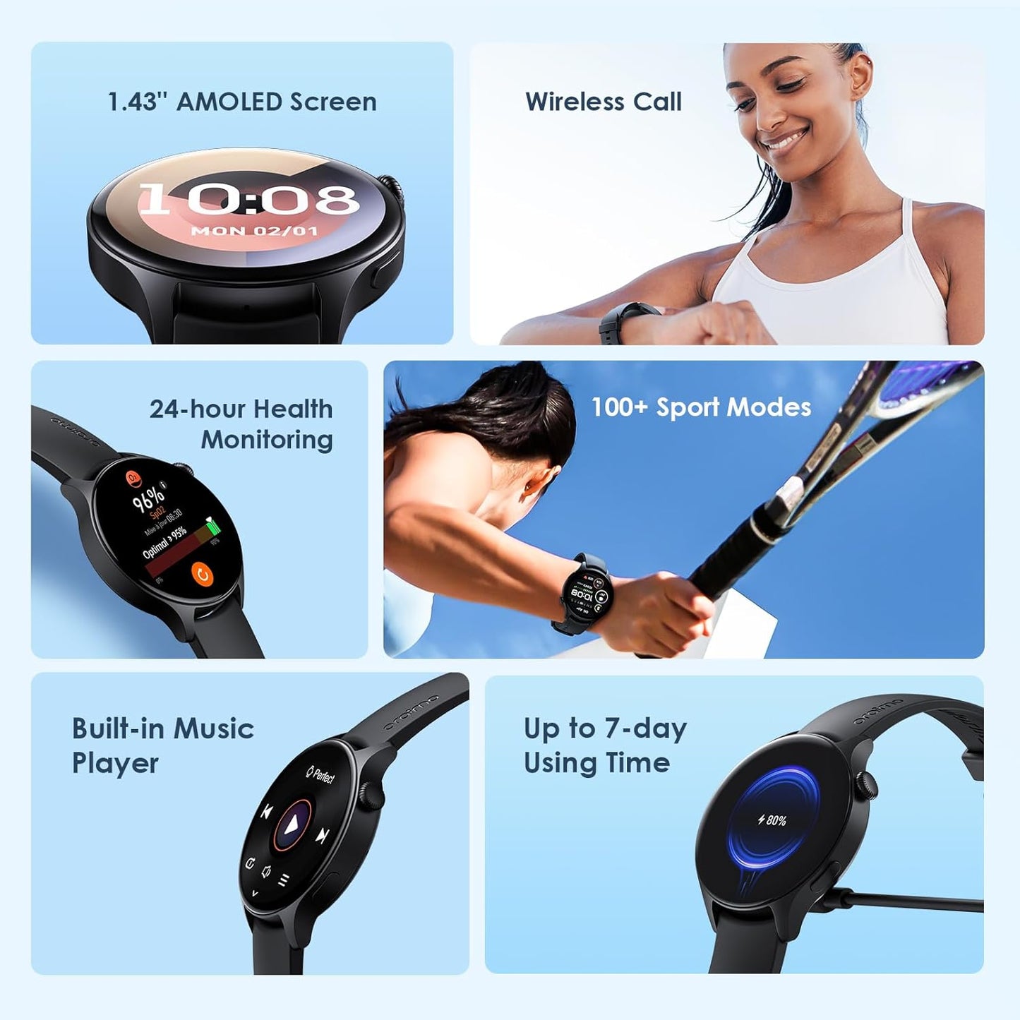 Oraimo ER Smartwatch (OSW-42), 1.43" Screen with Bluetooth Calling Features – Black